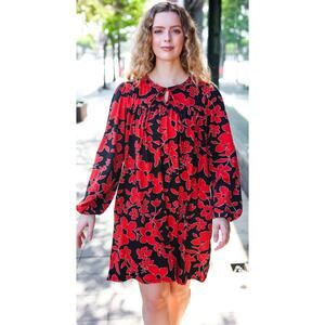 Black babydoll style midi dress w/long sleeves & red floral print Haptics size S